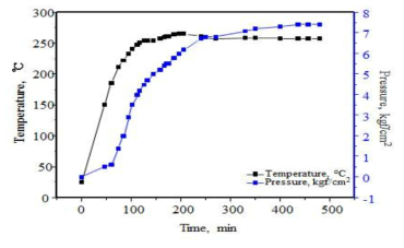 Reaction temperature and pressure profile during reaction.