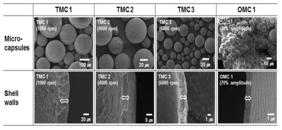 Surface and shell morphology of microcapsules obtained by agitation (TMC 1–3) and ultrasonication (OMC 1)