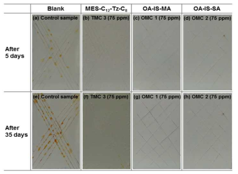 Corrosion test results for self-healing performances of paint-coated panels loaded with anticorrosion agents filled microcapsules (MSE-C12-Tz-C8, OA-IS-MA, and OA-IS-SA) and only the oil filled capsules (blank) after 5 days and 35 days, respectively.