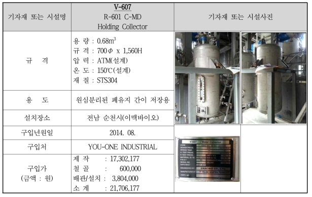 V-607 R-601 C-MD Holding Collector 설비