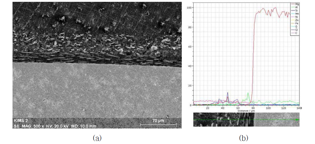 자동차용 차선감지기 케이스의 표면처리층: (a) SEM micrograph, (b) EDS line profile