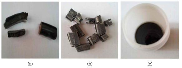 스티어링 휠 폴리우레탄 폼 해중합 분리 전과 후의 사진: (a) 분리 전, (b) 분리 후 마그네슘합금 프레임, (c) 분리 후 해중합물