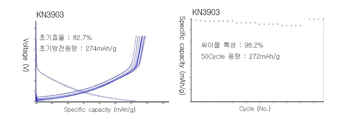 화학연 음극재 KN3903, 용량, 싸이클 성능시험 결과