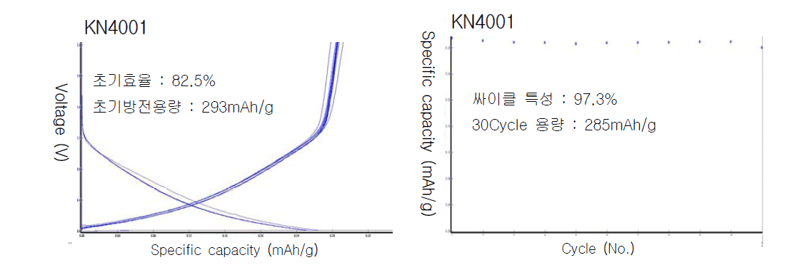 화학연 음극재 KN4001, 용량, 싸이클 성능시험 결과