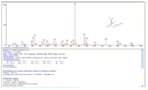 EI (Electron Ionization) 모드에서 2-MIB의 질량 스펙트럼