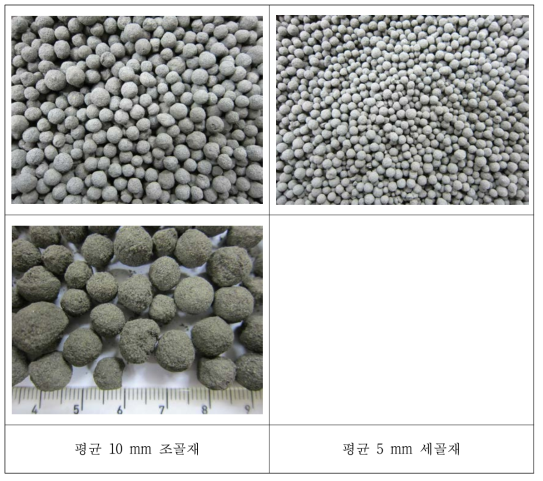 조립성형기를 이용해 성형된 직경 5 및 10 mm 인공골재 성형체 사진.