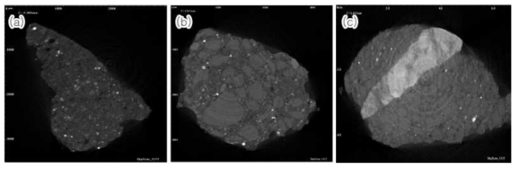 보령 비산재 Si/Al 비 3.0 지오폴리머 X-ray CT 단면: (a)페이스트, (b)모르타 르, (c) 콘크리트.