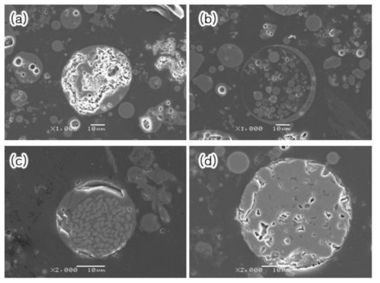 보령 비산재 단면 미세구조: (a) microporous한 구상형 입자 및 비구 상형 입 자, (b) 플레로스페어(plerosphere), (c) 내부에 철산화물을 포함한 입자, (d) macroporous한 구상형 입자.