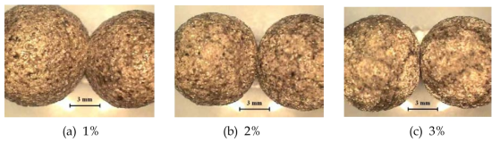 The sticking phenomenon between two aggregates coated with Al2O3 showing that the amount of liquid formed in the neck decreases with amount of coating material.