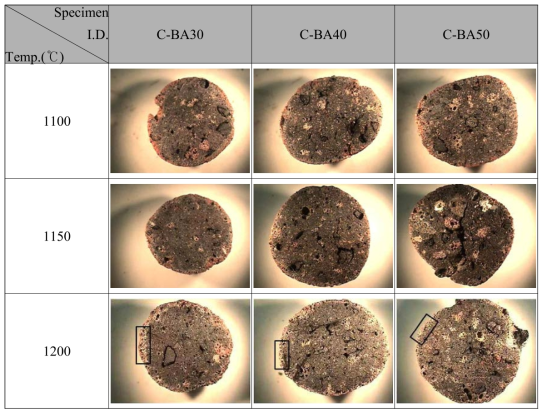 Optical image of cut cross section of artificial aggregates using coarse coal bottom ash sintered at different temperature in electric furnace.