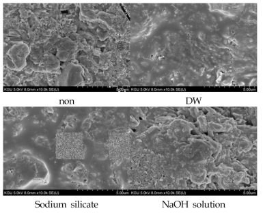 Microstructure of artificial aggregate/geopolymer composites according to the type of coating solution on the aggregates.