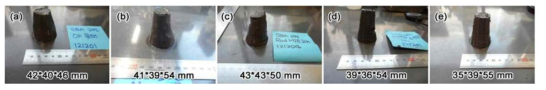 Mini slump cone test results of (a) Na, (b) MR1, (c) MR2, (d) MP1, and (e) MP2. Two diameters, which are perpendicular to each other at the bottom and height of the fresh geopolymer mixes are presented in each photo. Mixes of (d) and (e) were slightly stiffer than the rest because of the increased water demand of fine particles.