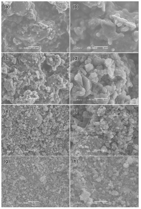 SEM micrographs of fresh fracture surface of geopolymers prepared from (a)–(b) MR1, (c)–(d) MR2, (e)–(f) MP1 and (g)–(h) MP2. MR1 and MR2 showed good inter-particle connectivity while MP1 and MR 2 presented the smaller gel particles with unfavorable connectivity.