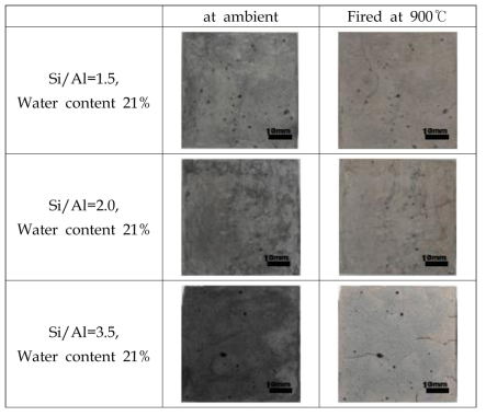 Geopolymers with various Si:Al ratios before and after heating 900℃.