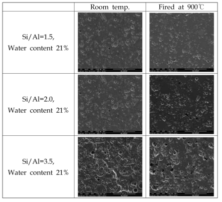 SEM images of polished sections of geoplymers. Densification of geopolymers as the paste sinters took place but pores appeared to connect and grow in geopolymer having a Si:Al ratio of 3.5.