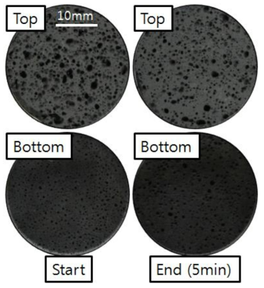 경량 지오폴리머 배합물의 몰딩 지연시간에 따른 공시체의 상부, 하부 사진.