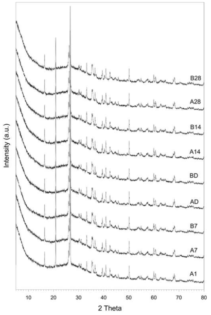 X-ray diffraction patterns of geopolymers described in Table 1. XRD patterns do not provide any differences that could explain the substantial strength difference between the ‘A’ and ‘B’ series specimens.