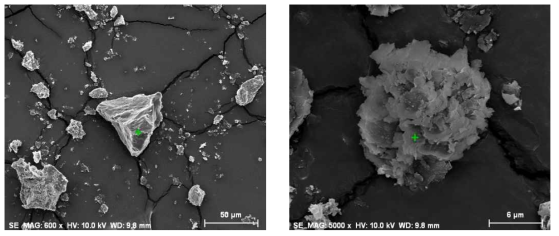 연탄재에 존재하는 미연탄소(左)와 운모 또는 일라이트(右)입자.