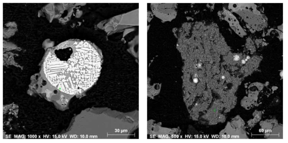 삼천포 시료에서 발견되는 구형의 비산재 입자(左). 밝게 보이는 부분이 철 산화물이다.