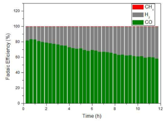 Coral 형태의 Ag mesh를 환원전극으로 이용한 단위 전지의 내구성 평가 실험결과 (그림 13의 왼쪽)를 총 패러데이 효율을 100%로 평균화한 그래프