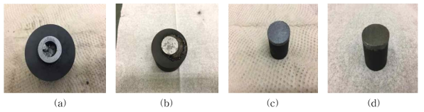 Melting of boride samples during sintering at 2000℃ under 40MPa presure, (a) ZrB2, (b) HfB2, and samples obtained after solving the problems. (c) ZrB2-SiC, (d) HfB2-SiC.