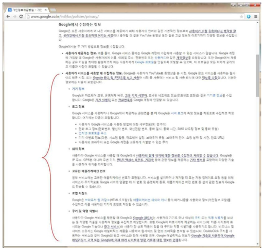 구글에서 수집하는 사용자 개인정보