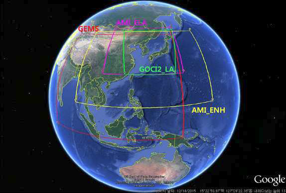 GK-2A 위성 AMI와 GK-2B 위성 GOCI-II, GEMS의 관측 영역