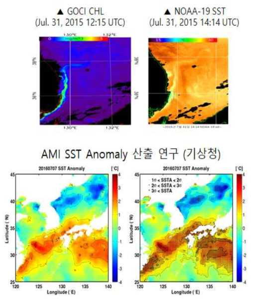 GOCI에서 엽록소농도와 AMI의 해수면온도 산출물을 융합 이용하여 시공간 연속적 인 해양생태계-해양물리 모니터링 가능함