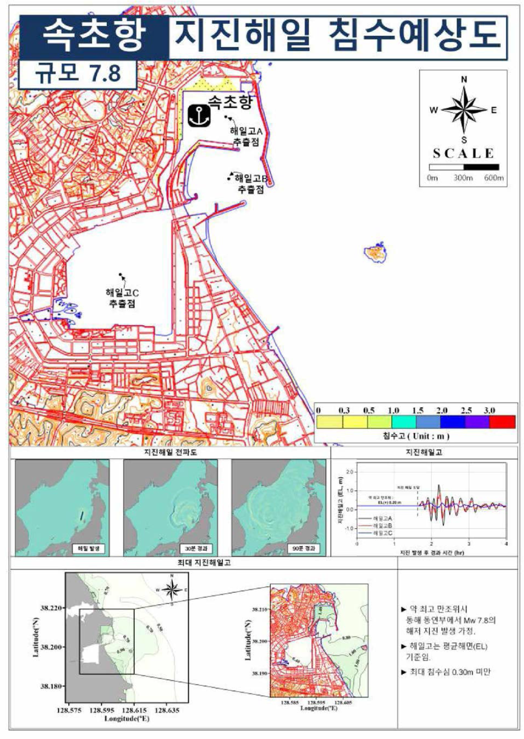 동해 동연부 규모 7.8 지진해일에 의한 속초항의지진해일 침수예상도