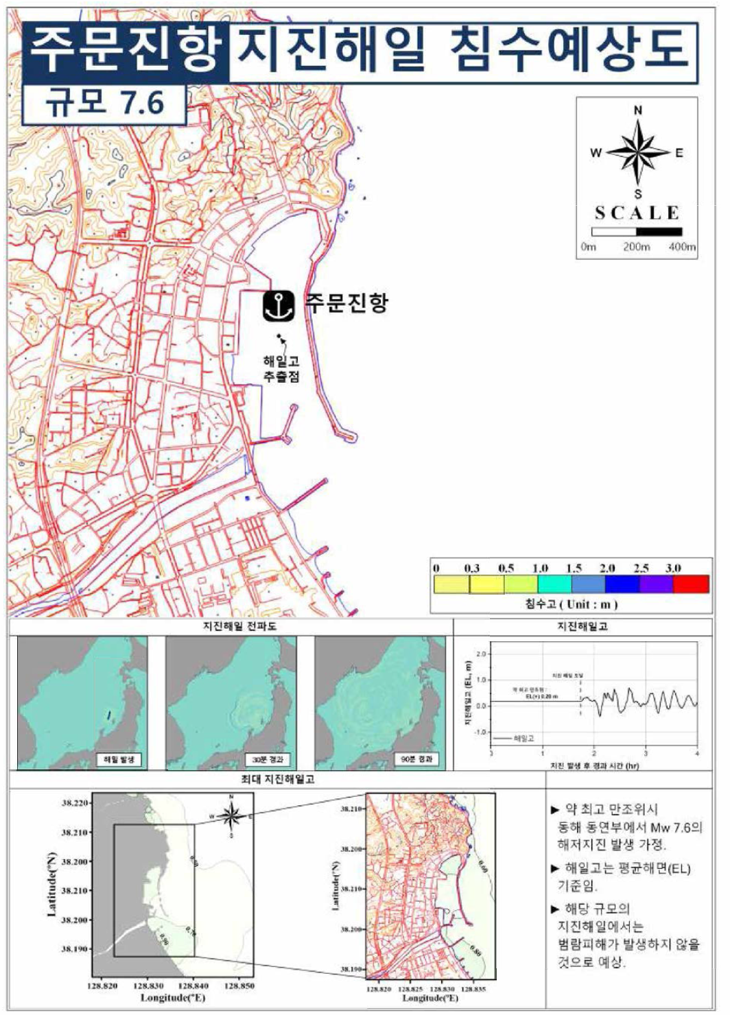 동해 동연부 규모 7.6 지진해일에 의한 주문진항의지진해일 침수예상도