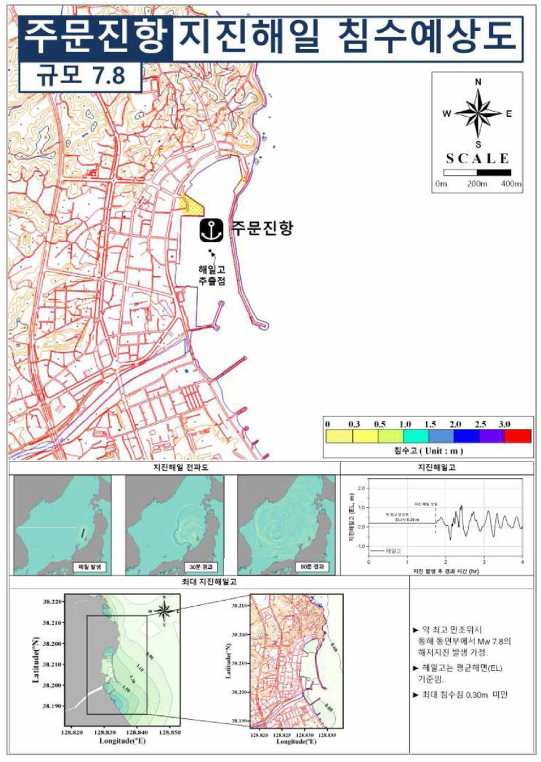 동해 동연부 규모 7.8 지진해일에 의한 주문진항의 지진해일 침수예상도