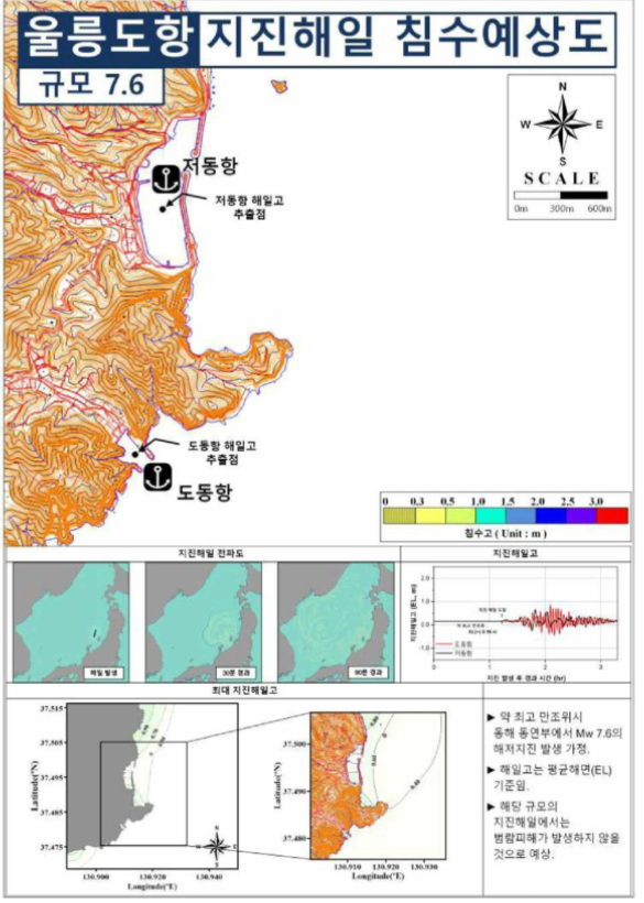 동해 동연부 규모 7.6 지진해일에 의한 울릉도항의 지진해일 침수예상도