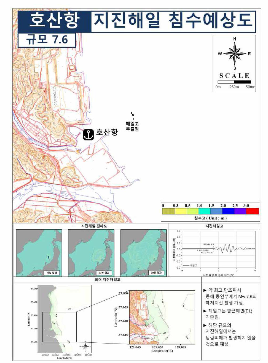 동해 동연부 규모 7.6 지진해일에 의한 호산항의 지진해일 침수예상도