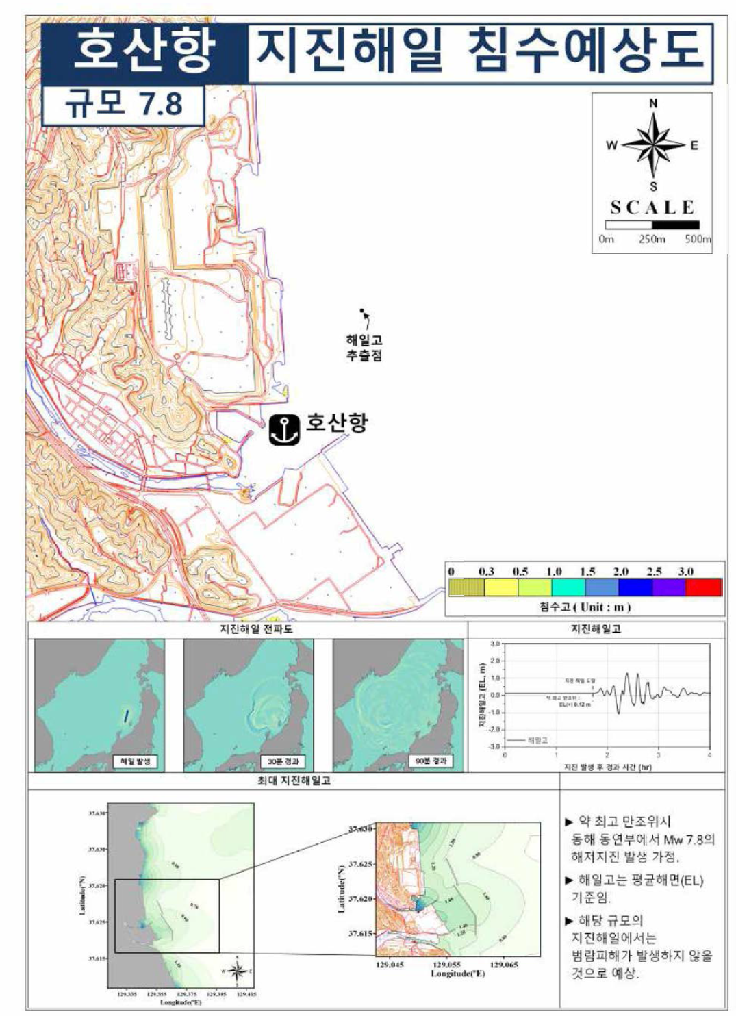 동해 동연부 규모 7.8 지진해일에 의한 호산항의 지진해일 침수예상도