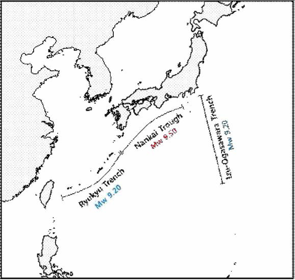 일본 열도 주변 단층대의 가능최대 지진규모 분포