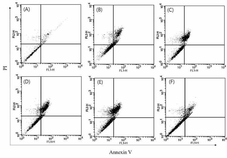 Annexin V /P I staining (A ) Control, (B) l00uM t-BHP, (C ) l00uM t-BHP + FACM (0.1 mg/ mL), (D) l00uM t-BHP+ FACM (0.05 mg/ mL), (E) l00uM t-BHP+ FACM (0.025 mg/ mL), (F ) l00uM t-BHP+ NAC (5mM) FACM