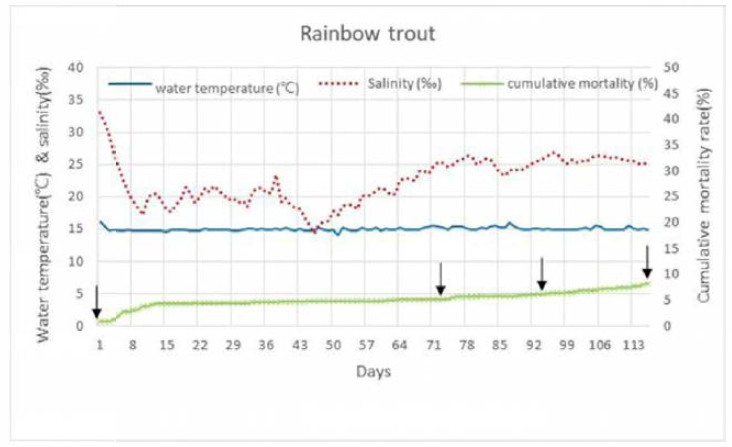 Cumulative mortality of rainbow trout (lot B ) and changes in salinity and water temperature