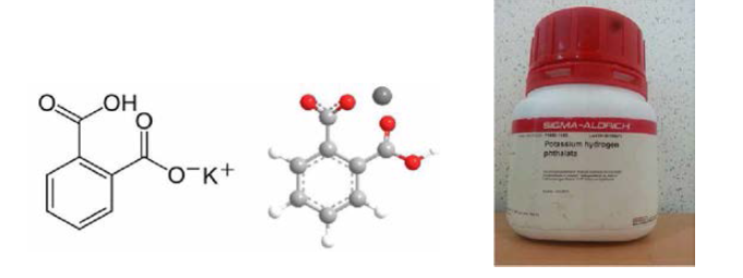 Potassium Hydrogen Phthalate의 구조 및 시료 사진(Sigma - Aldrich)