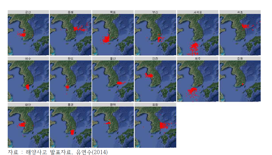자치단체별 해양사고 발생도 분석예시(2008~2013)