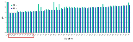 pH in fermented CH with lactic acid bacteria at 37℃ for 24 h and 48 h.