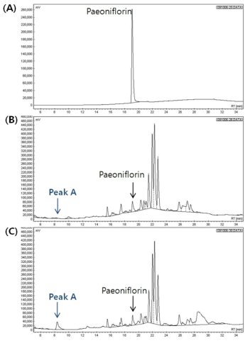 (A) paeoniflorin standard, (B) chromatogram of Ojeok-san, (C) chromatogram of Ojeok-san fermented with lactic acid bacteria (KFRI 145 L. fermentum).