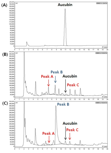 (A) aucubin standard, (B) chromatogram of Ssanghwa tang, (C) chromatogram of Ssanghwa tang fermented with lactic acid bacteria (KFRI 161 L. amylophilus).