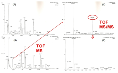 (A) chromatogram of Ssanghwa tang, (C) chromatogram of Ssanghwa tang fermented with L. fermentum KFRI 164 (C) MS spectrum of new peak (RT: 1.78min), (D) MS/MS spectrum of m/z 166.0849 ion.