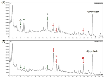 (A) chromatogram of GB, (B) chromatogram of GB fermented with lactic acid bacteria (KFRI 144 L. plantarum).