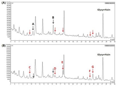 (A) chromatogram of IS, (B) chromatogram of IS fermented with lactic acid bacteria (KFRI 166 L. curvatus).