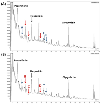 (A) chromatogram of JE, (B) chromatogram of JE fermented with lactic acid bacteria (KFRI 145 L. fermentum).