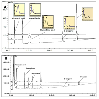 The HPLC chromatogram with UV spectrum of standard mixture (A) and Ssanghwa tang sample(B). 1 - 230 nm, 2 - 254nm, 3 - 280 nm.