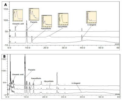 The HPLC chromatogram with UV spectrum of standard mixture (A) and Galgeun tang sample(B). 1 - 230 nm, 2 - 254nm, 3 - 280 nm.