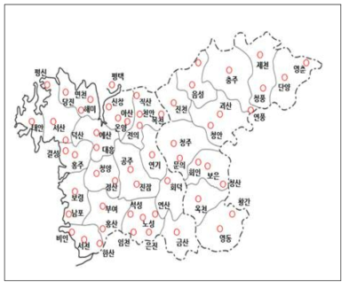 충청도 지역 측우기 및 우택 우량 관측지점(55소).