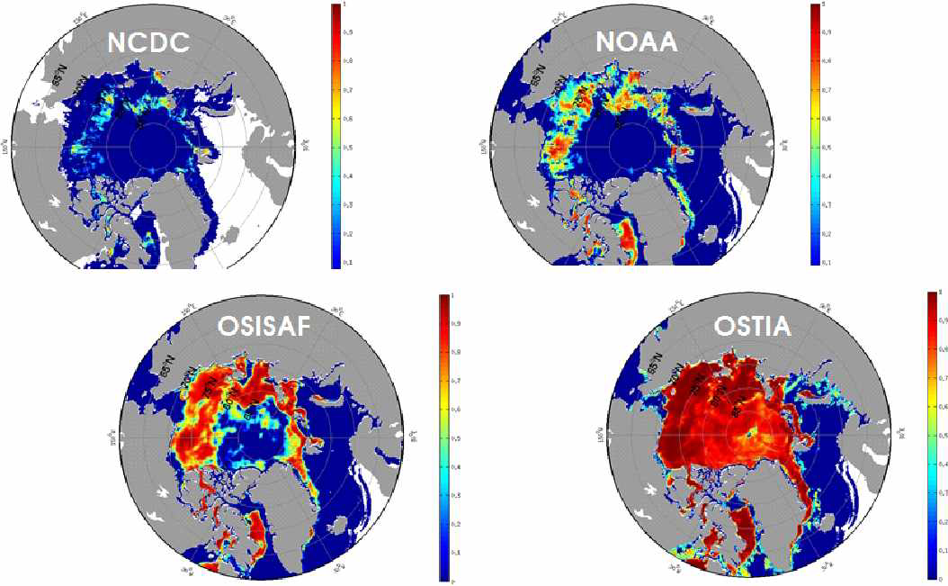 Muiphy Skill Score for sea ice concentration relative to NCDC (upper left)，NOAA (upper right)，OSISAF (lower left) and OSTIA (lower right) for July to September 2015.